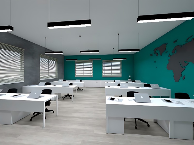 Escritório corporativo com estações de trabalho brancas e cadeiras ergonômicas