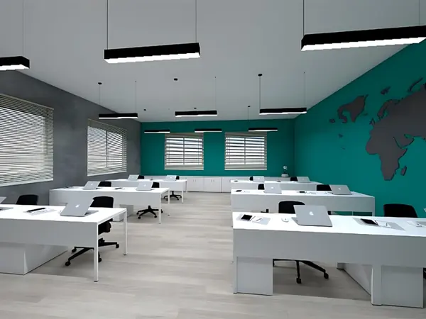 Escritório corporativo com estações de trabalho brancas e cadeiras ergonômicas